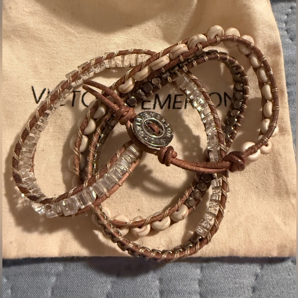 Victoria Emerson Neutral Tone Wrap Bracelet Brown Leather Iridescent & Tan Beads